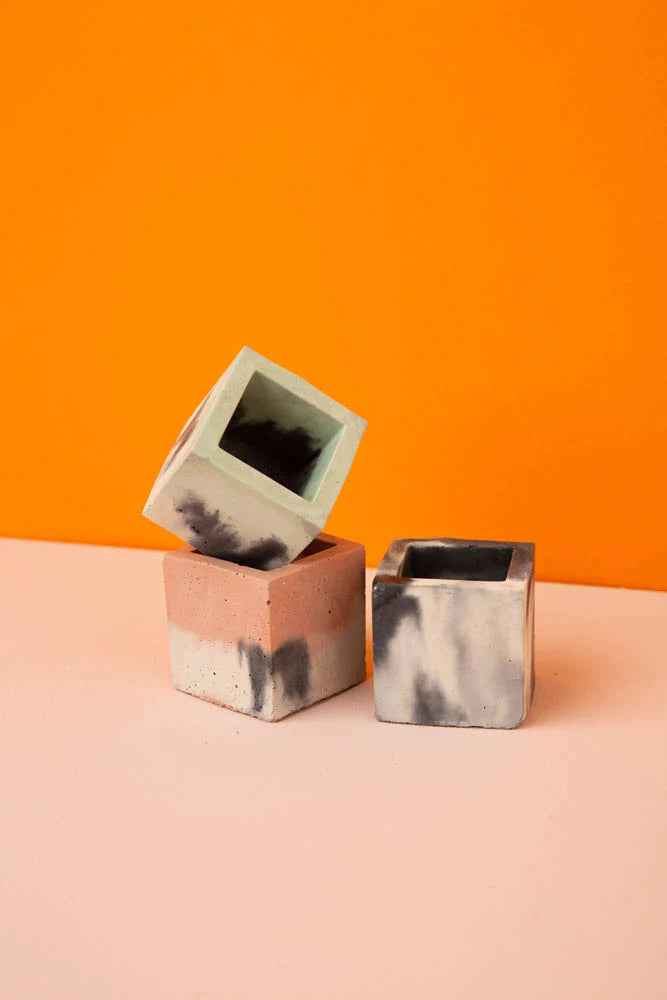 Small Concrete Cube Pot - Charcoal-White